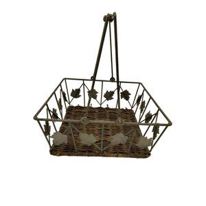 Charcoal Metal Wire Wicker Square Basket Leaf Leaves Autumn Decor 8 inch Handles